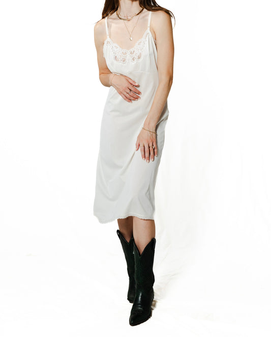 Midi Slip Dress; White Lace Hemline, Neckline